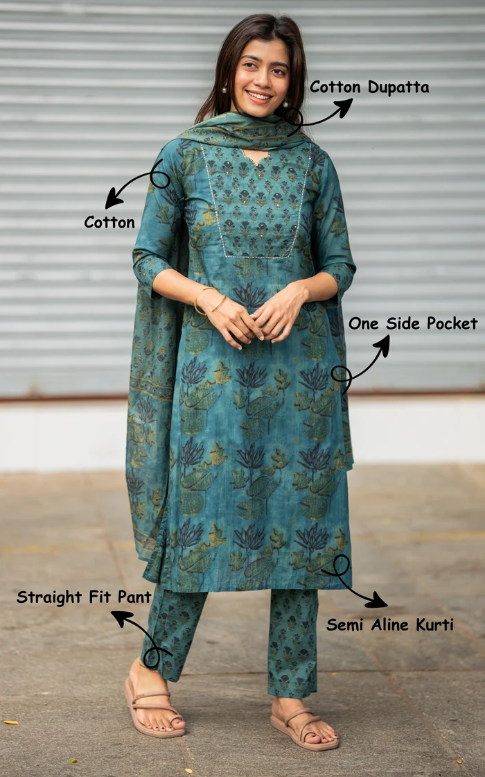 Teal Blue Floral Printed Straight Kurti set